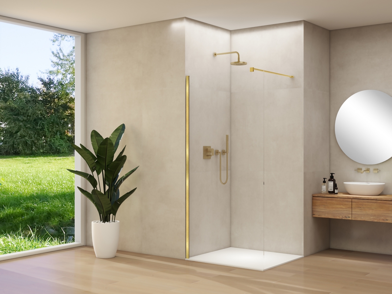 ST 01 vaste wand helder glas met Van Rijn Nano 97-99 cm geborsteld messing beslag met muurprofiel en stabilisatiestang