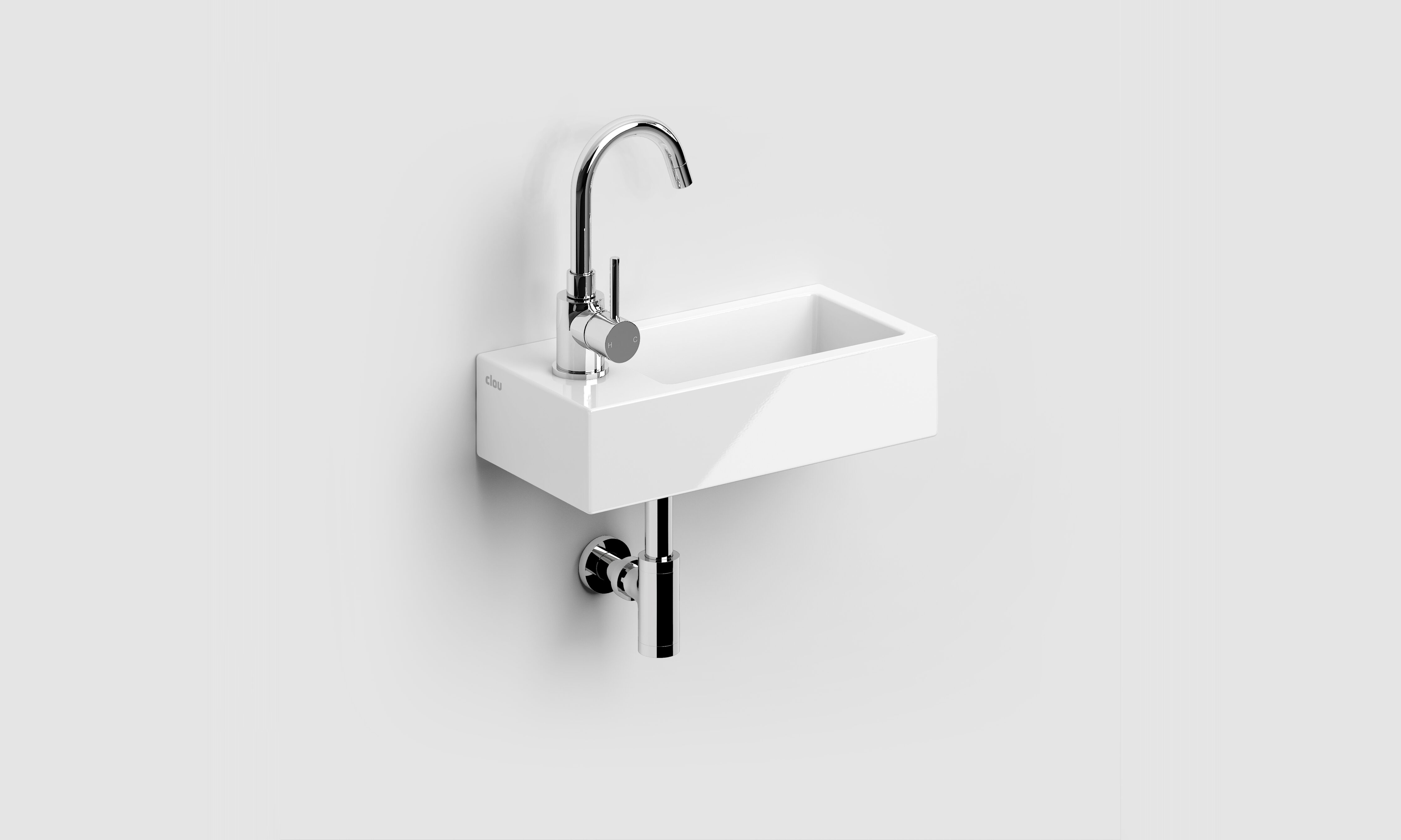 Flush 3 fontein links 36cm, met kraangat, met afvoerplug, glanzend wit keramiek