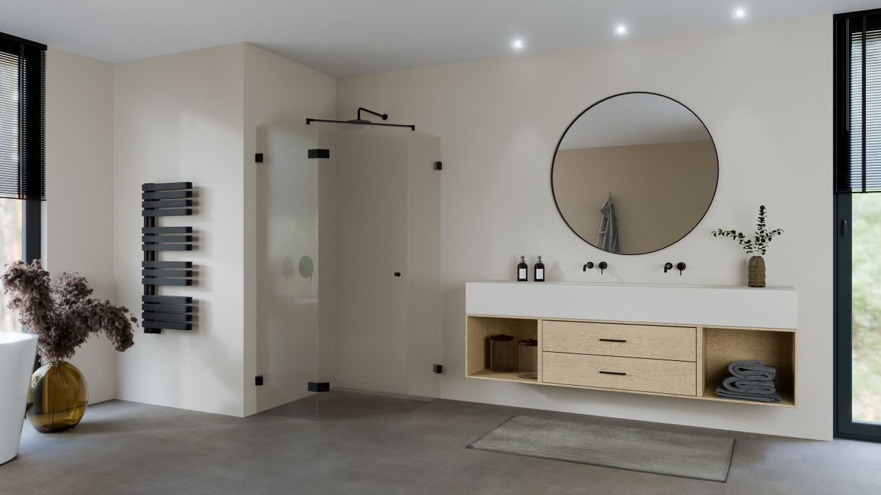 Vijfhoek cabine 1 deur gesatineerd glas max 100x100x200 cm met zwart beslag en designgat