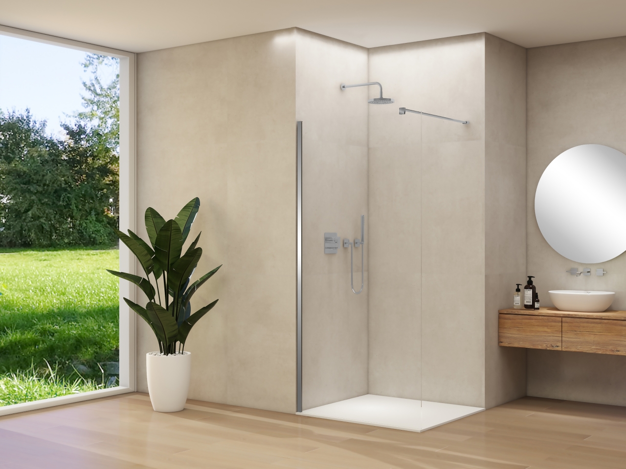 Vaste wand 1370-1390 mm breed, 8 mm helder glas 200 cm hoog, incl. Van Rijn Nano, incl stabilisatiestang ST02 LP 200 Zijwand deel B dichtingen transparant