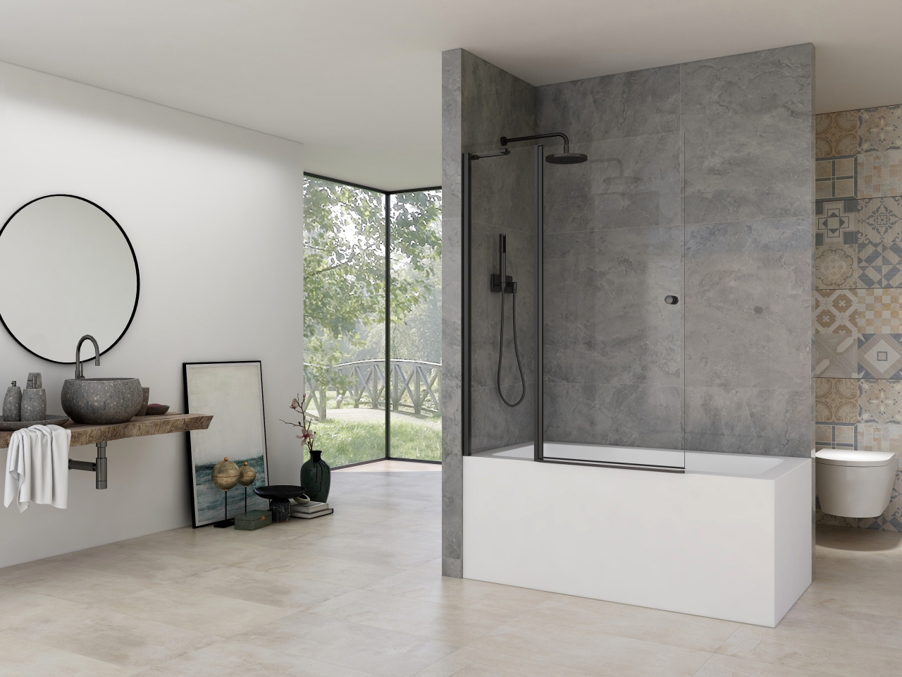 Badklapwand + vast deel zwart Helder glas incl Van Rijn Nano 400-800 x 1500