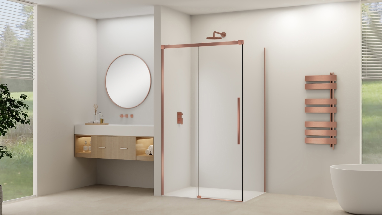 Schuif hoekcabine soft-close Marmer print max 180x140x200 cm met Mat koper beslag en greep