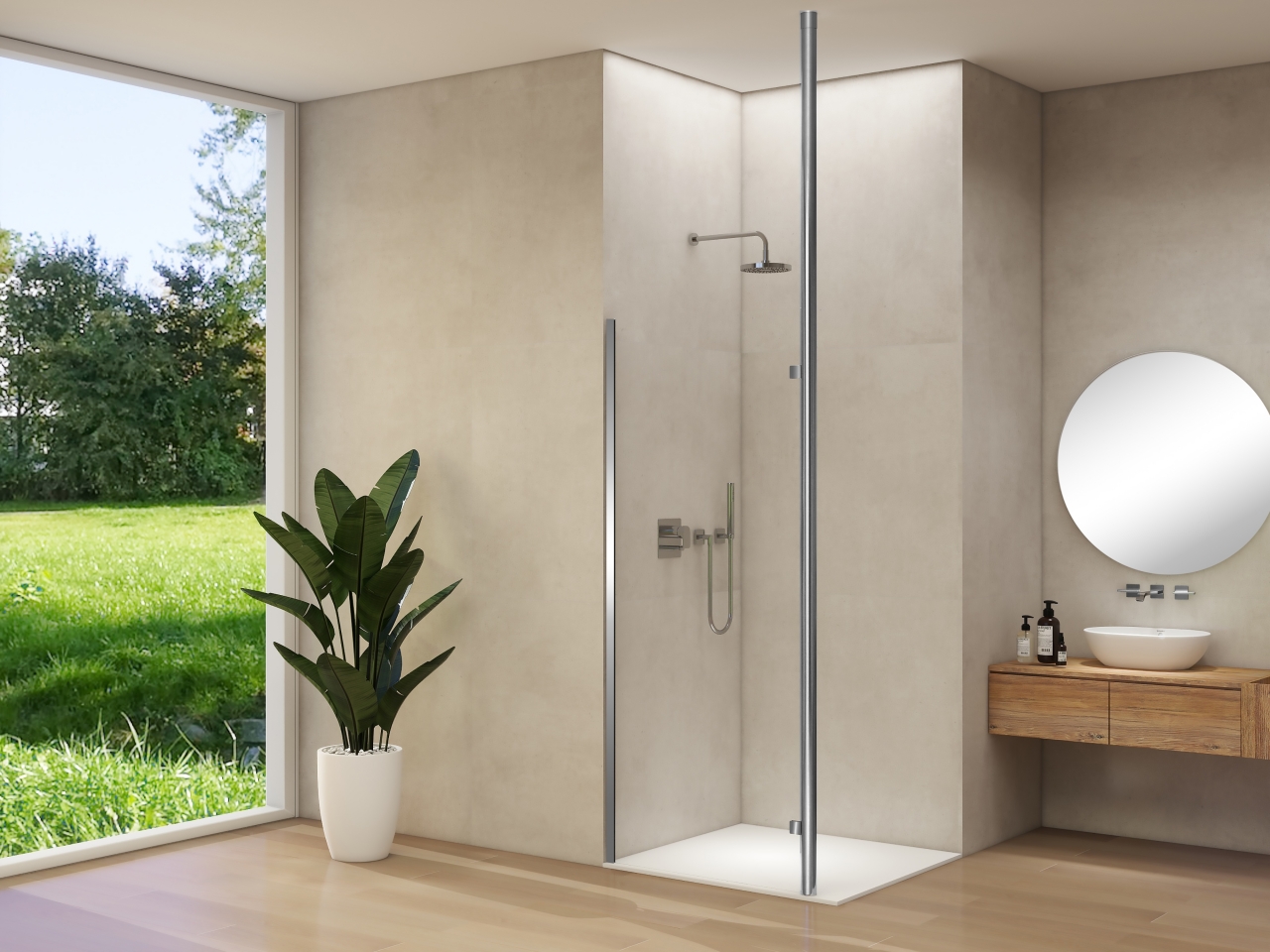 Vaste wand incl. RVS staander 654-674 x 2000, glasmaat 598 mm 8 mm helder Van Rijn Nano