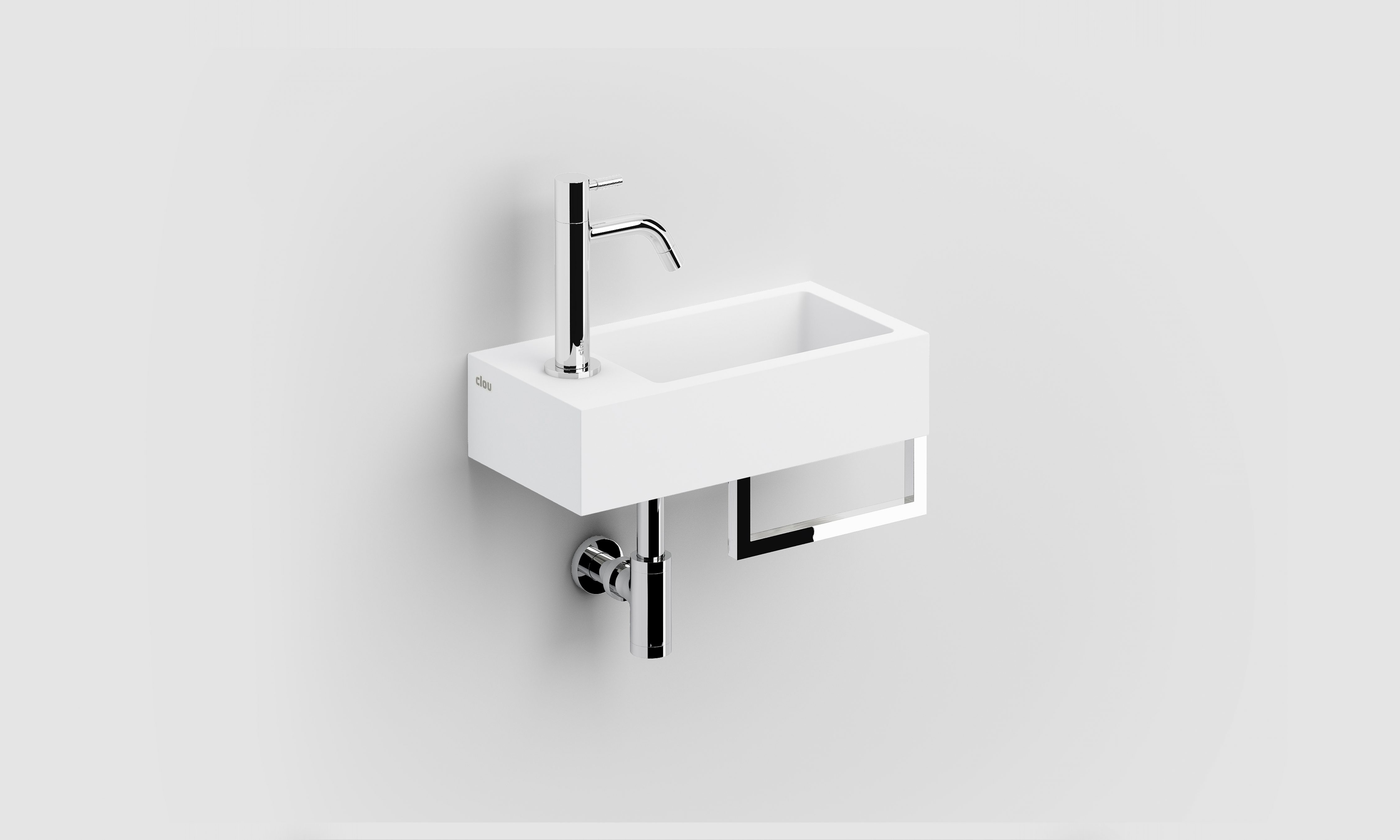 Flush 3 fontein links 36cm, met voorbewerkt kraangat, chromen afvoerplug en handdoekhouder, mat wit aluite