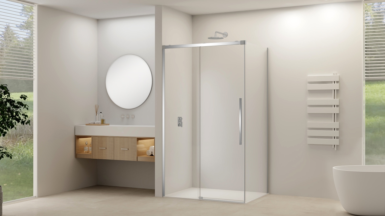 Schuif hoekcabine soft-close rookglas brons max 120x120x200 cm met zwart beslag en greep