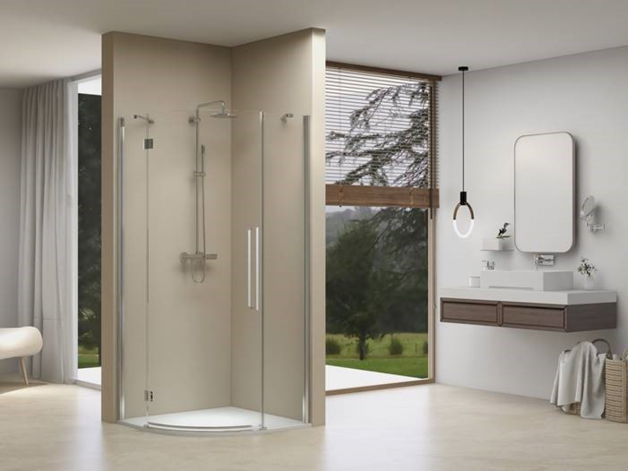 1/4 Rond cabine 870-890 x 2000 helder glas 8 mm incl. glasbehandeling, chroom stabilisatiestang 45 gr + greep. L/R radius 55