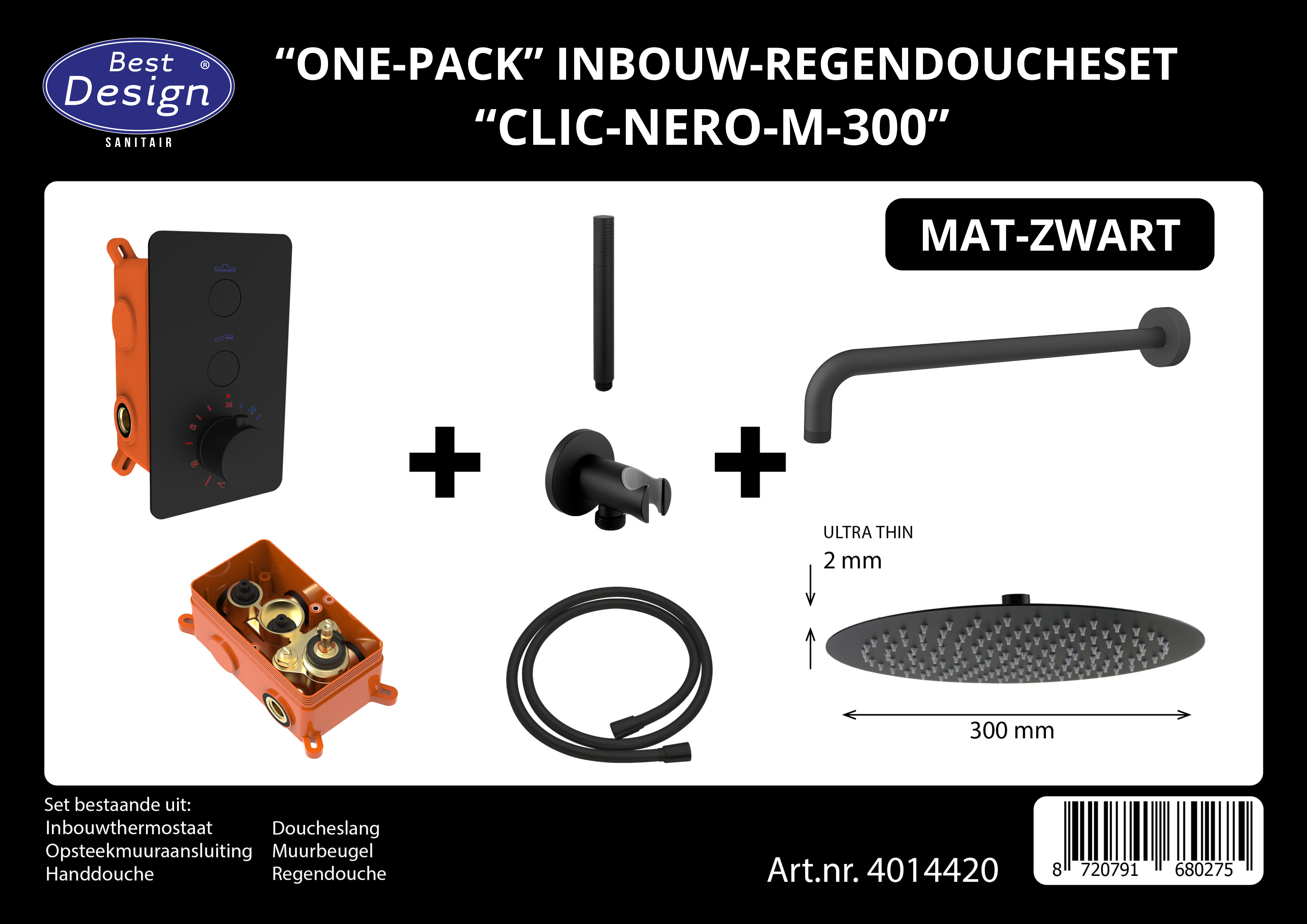 Best-Design "One-Pack" inbouw-regendoucheset "Clic-Nero-M-300" mat-zwart