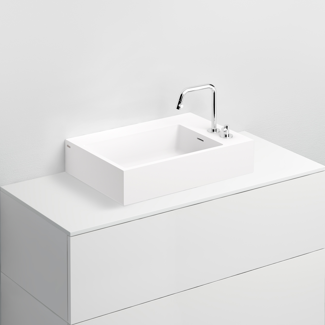 Flush wastafel 60cm, met kranenbank, mat wit aluite