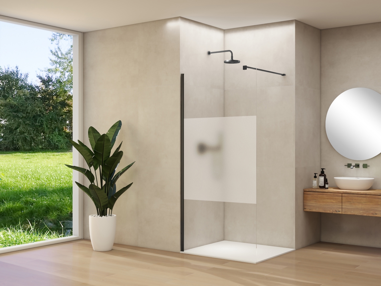 ST 01 vaste wand helder glas met satijnbaan en Van Rijn Nano 29-31 cm zwart beslag met muurprofiel