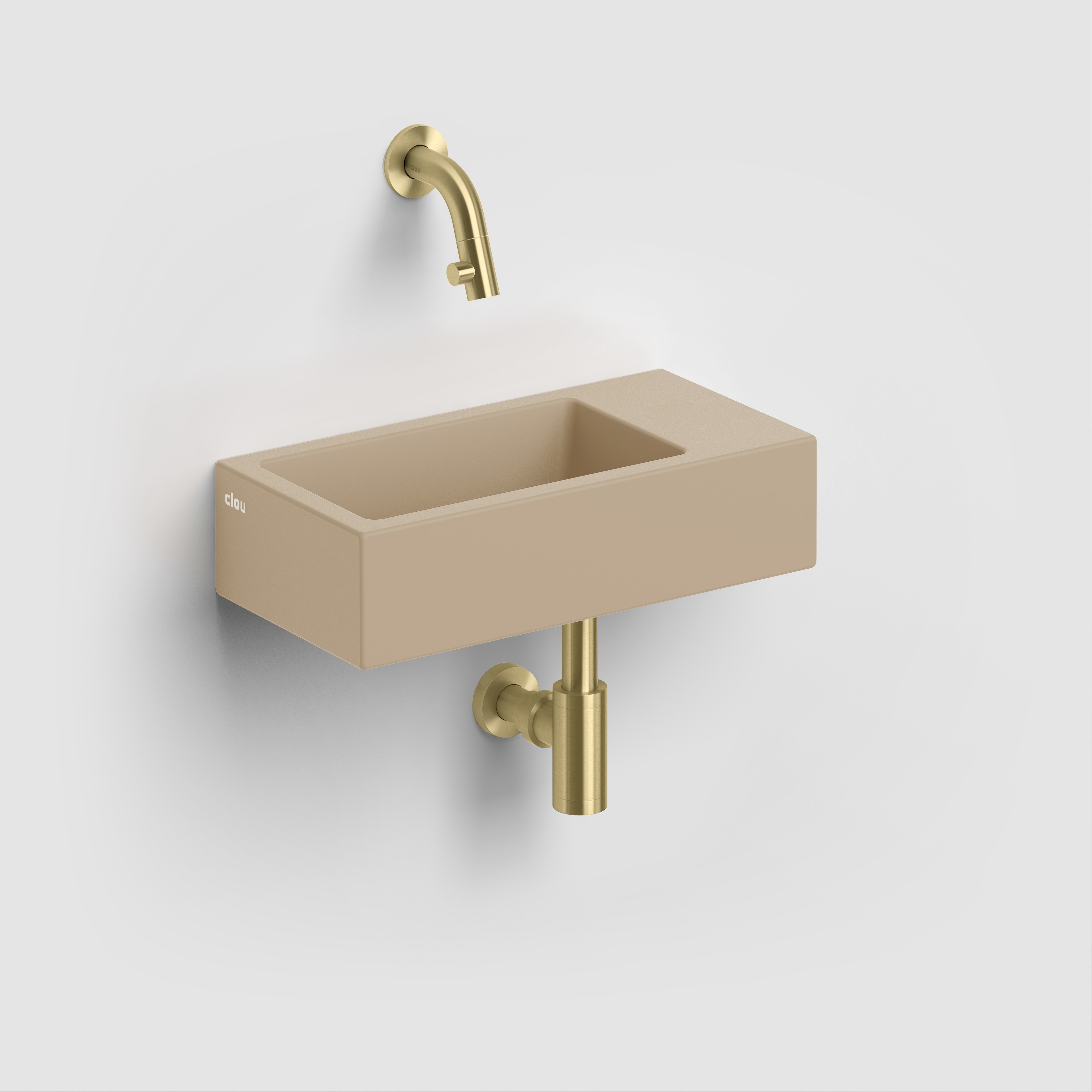 Flush 3 fontein rechts 36cm, zonder kraangat, met afvoerplug, mat mosterd keramiek