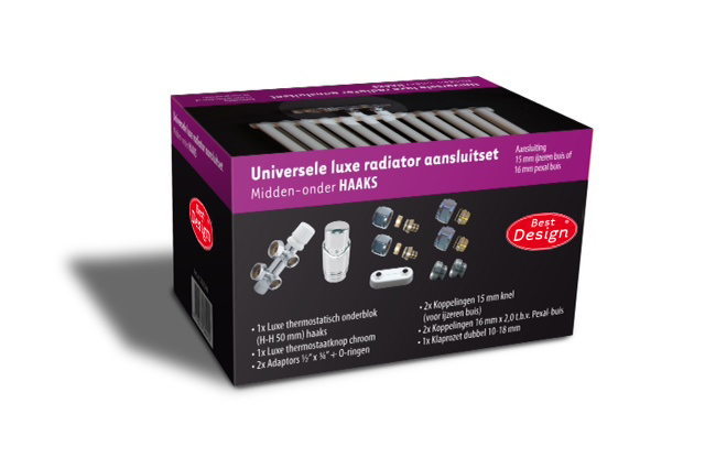 Best-Design Luxe radiator-aansluitset "Midden onder Haaks" universeel (DS-PAARS)