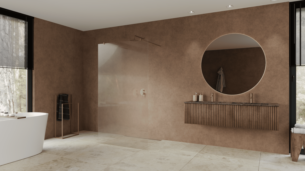 Vrijstaande wand 2000m mm hoog rookglas brons Brushed bronze beslag