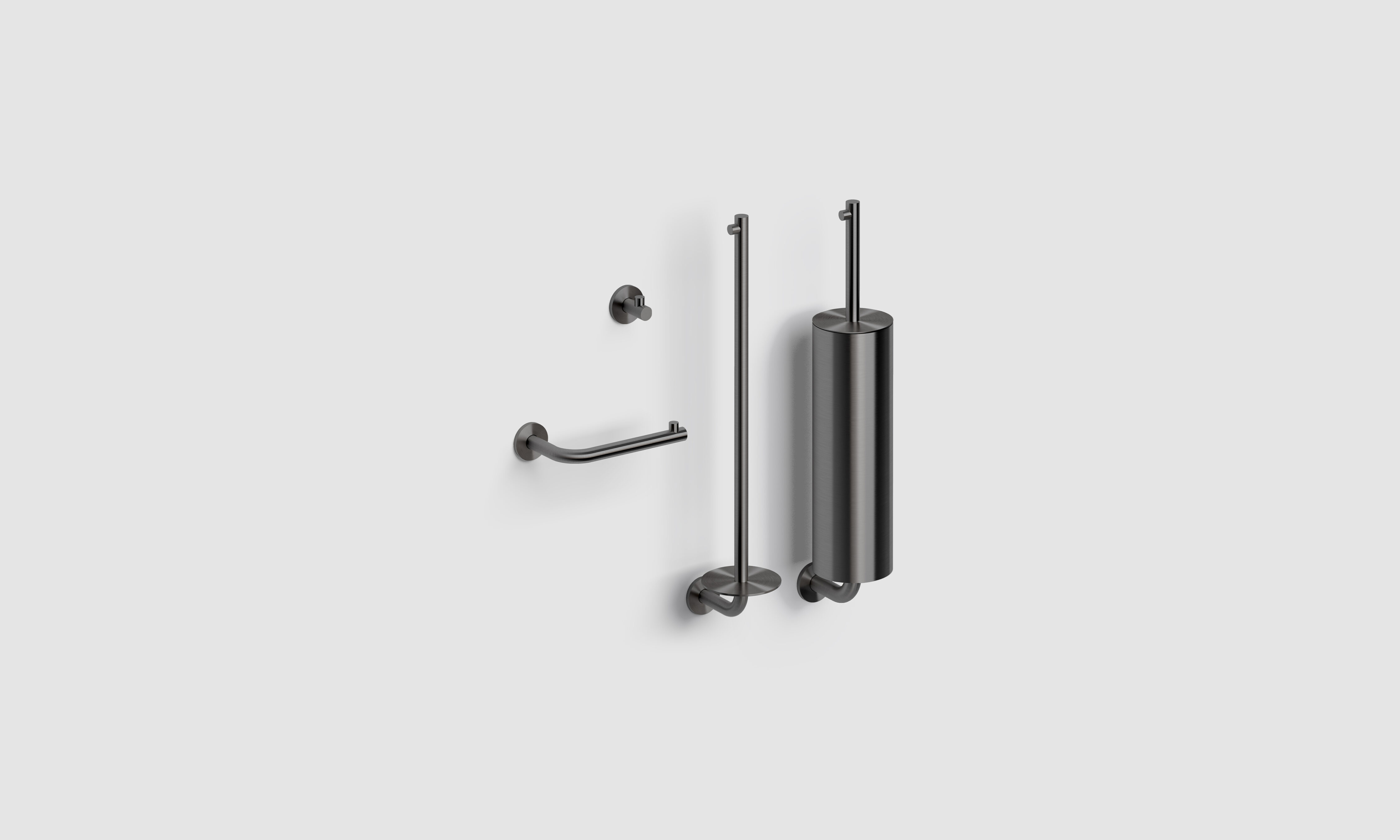Kaldur toilet accessoireset bestaande uit toiletborstel, toiletrolhouder, reserverolhouder en kledinghaak, gunmetal geborsteld PVD