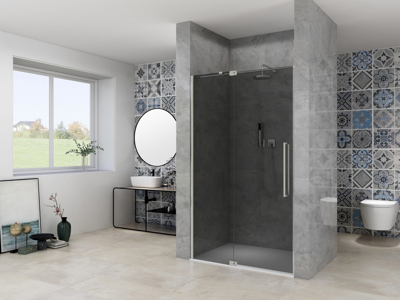 Nis Draaideur 2 delig 1050-1150 x 2000mm 8 mm Grijs rookglas incl. Glasbehandeling, RVS muurprofiel, Greep en stabilisatiestang