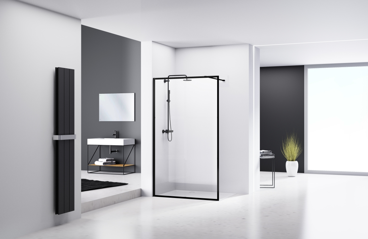 Vaste wand 117-119 cm breed 8mm helder glas 200cm hoog, aluminium omkaderd profiel zwart incl. stabilisatiestang 120cm