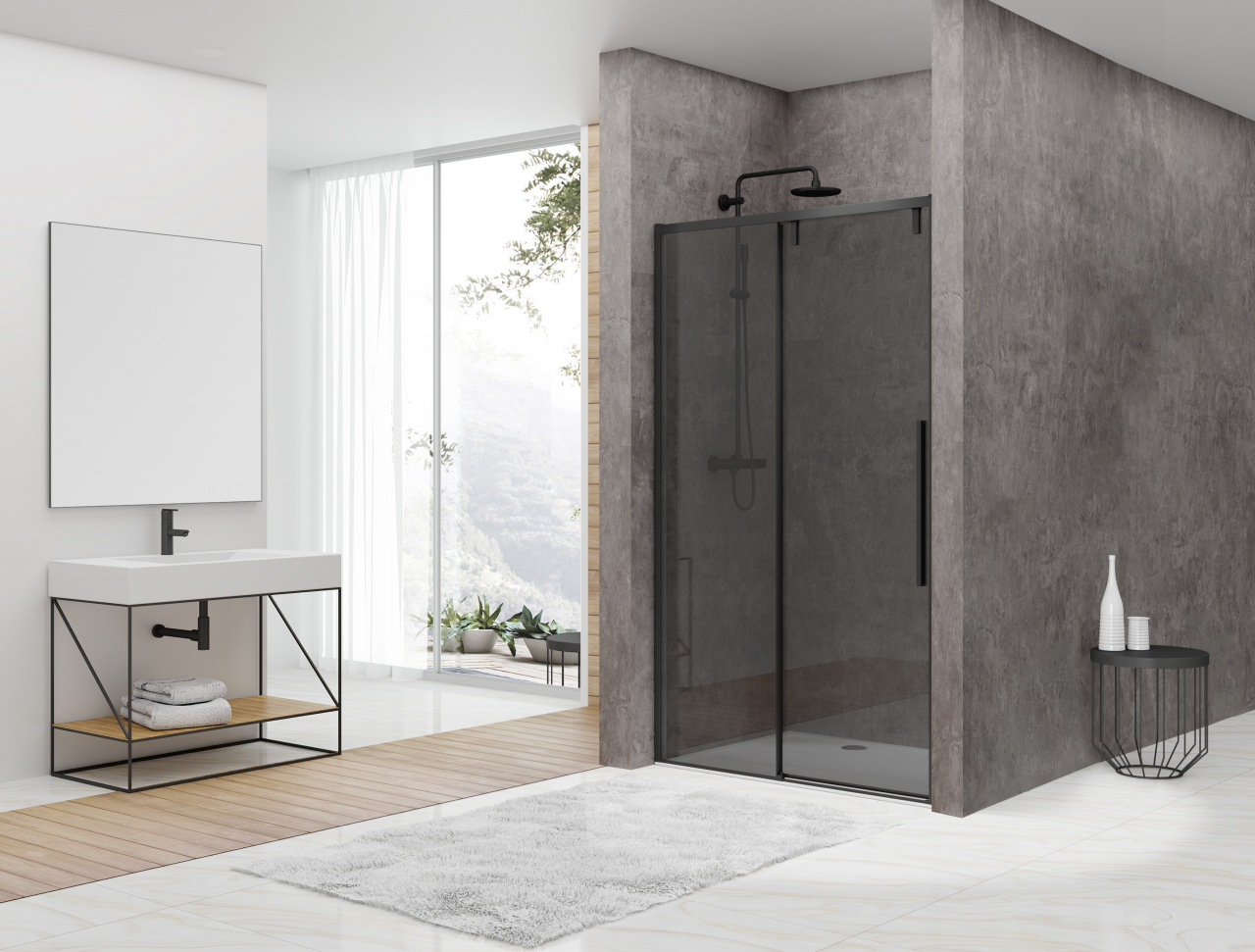 Softclose schuifdeur 1570-1590 x 2000 grijs clear rookglas 8 mm, zwart, incl. greep bestaat uit: