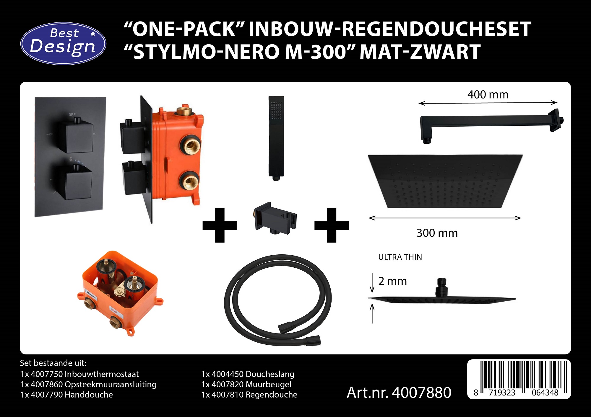 Best-Design "One-Pack" inbouw-regendoucheset "Stylmo-Nero M-300" Mat-Zwart