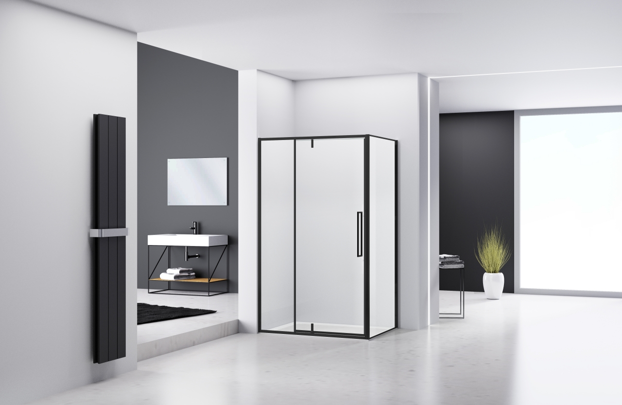 Hoekcabine zwart 6 mm helder glas incl. glasbehandeling, Deur L/R draaiend + zijwand. HxB 2000 mm x (deur + vast deel: 1170-1180) x (wand: 970-980)