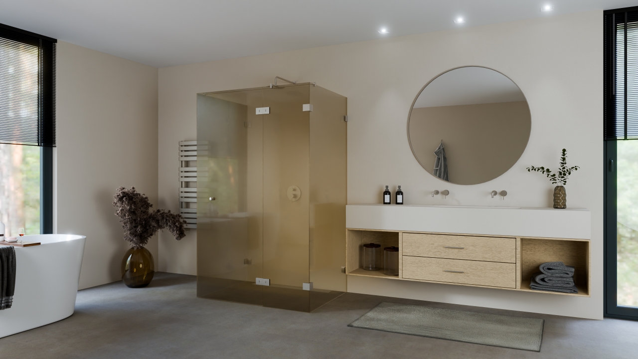 U opstelling voorzijde deurmet vaste wand rookglas brons max 100x100x200 met geborsteld brons beslag en designgat