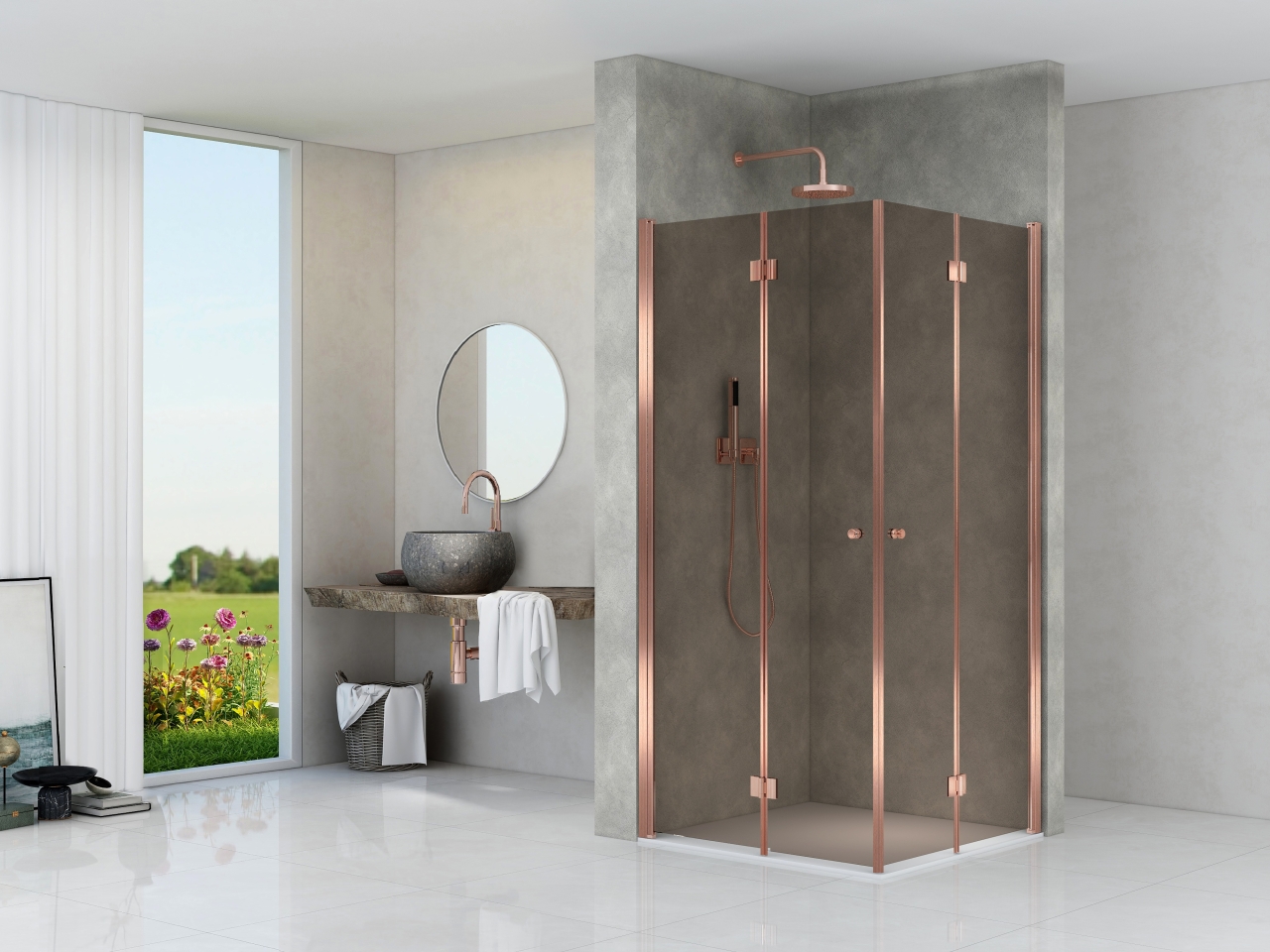 Draai vouwcabine 2000 mm hoog rookglas grijs Brushed bronze beslag