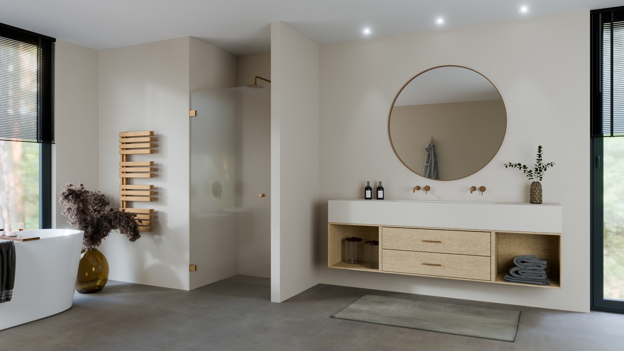 Nisdeur 8mm glasplus max 100x200 cm met Mat koper beslag en designgat