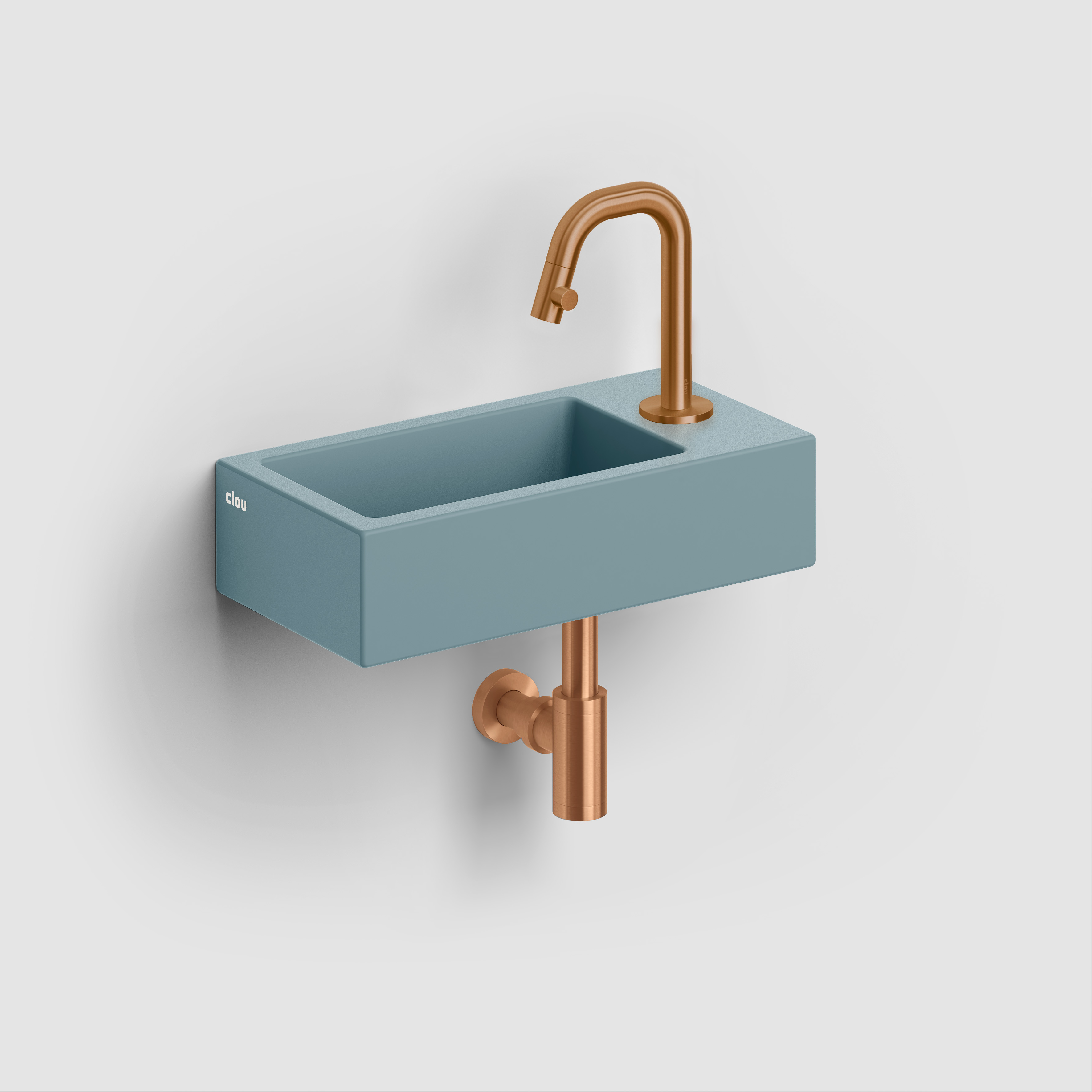 Flush 3 fontein rechts 36cm, met kraangat, met afvoerplug, mat blauw keramiek