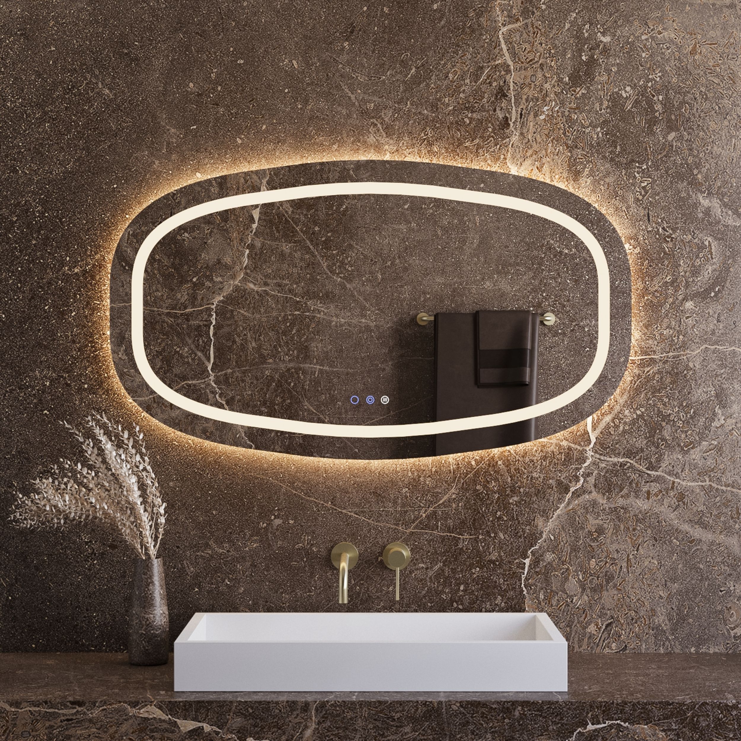 Best-Design "Baunach" Deens-Ovaal spiegel incl.verwarming, 3 kleuren Direct & Indirect LED verlichting, dimbaar 100 x 65 cm