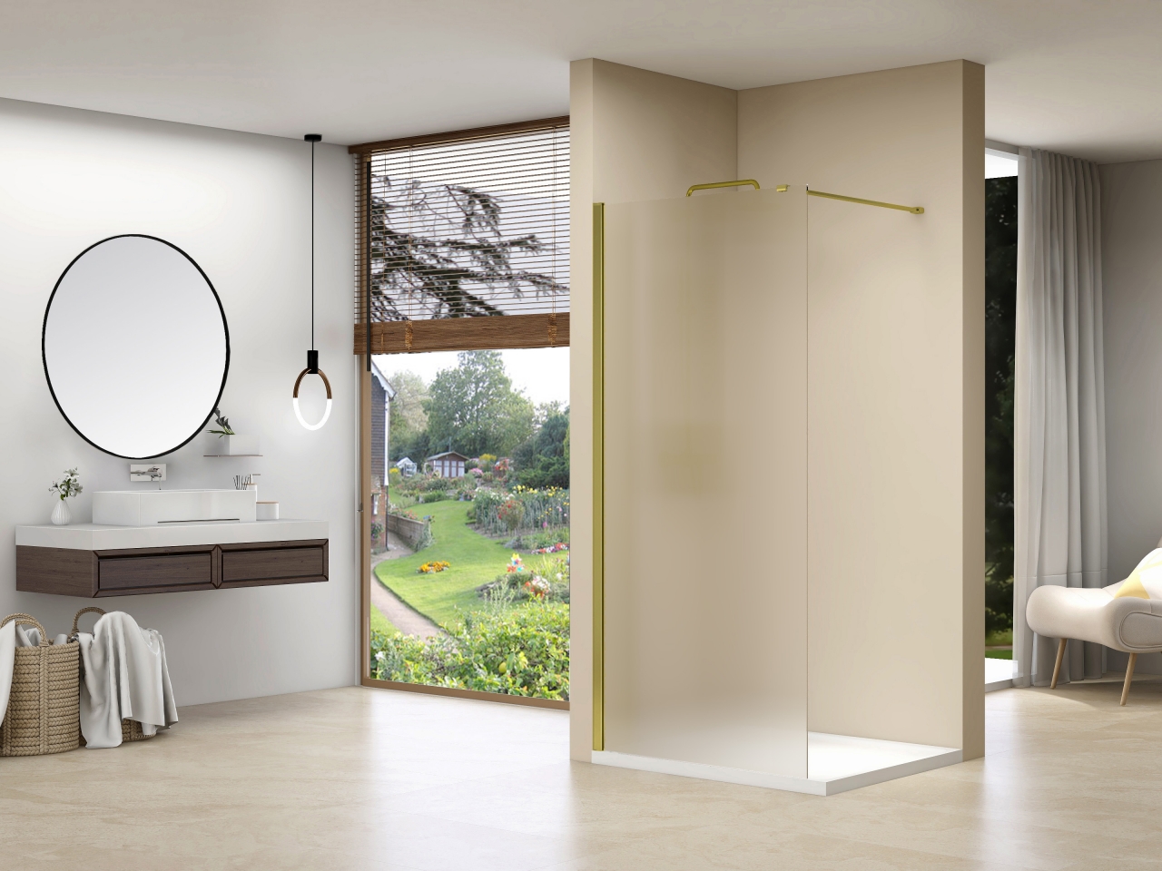 Vaste wand 97-99 cm breed 8mm volledig gesatineerd glas incl. Van Rijn Nano en incl. mat messing muurprofiel en stabilisastiestang 120cm, 200cm hoog.