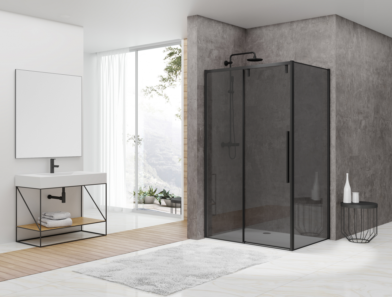 Softclose schuifdeur 1380-1390 x 2000 grijs clear rookglas 8 mm, zwart, incl. greep. Combineren met wand naar keuze. bestaat uit: