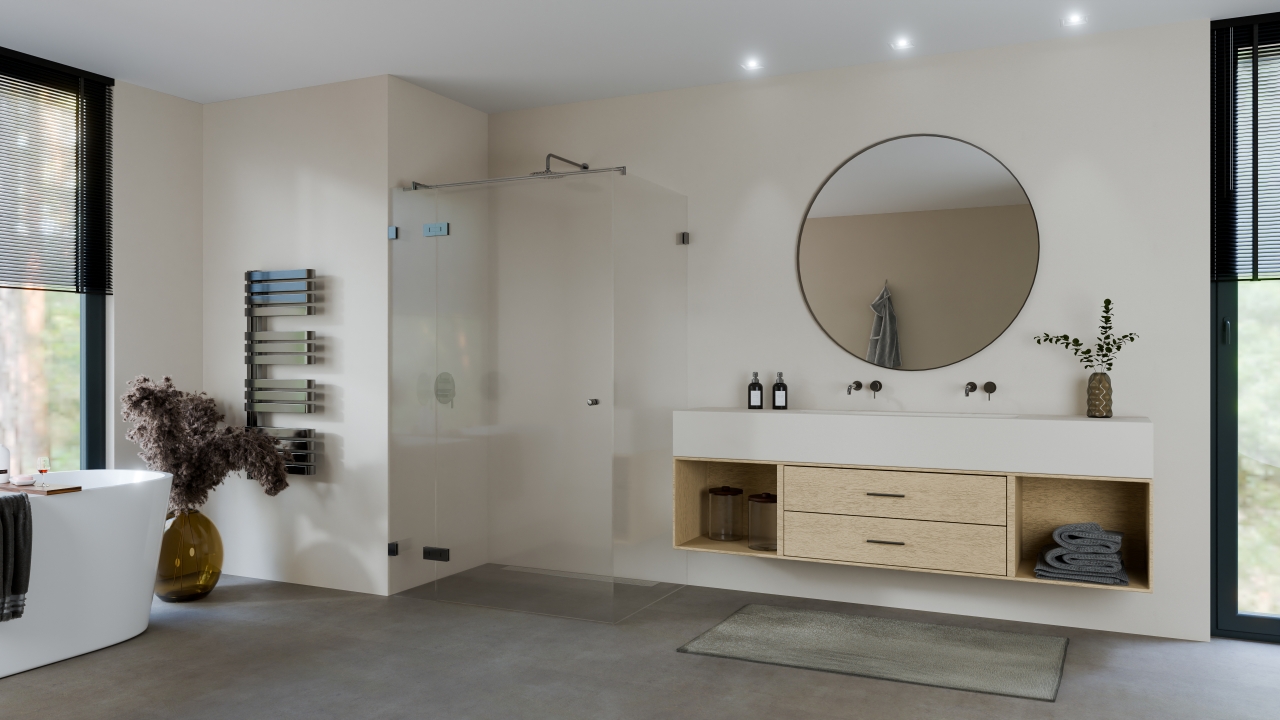 Deur aan vast deel met zijwand met stabilisatiestang helder glas max 100x100x200 met glans gun metal beslag en ronde knop