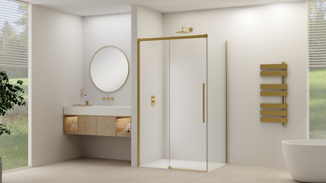 Schuif hoekcabine soft-close rookglas brons max 140x140x200 cm met Geborsteld brons beslag en greep