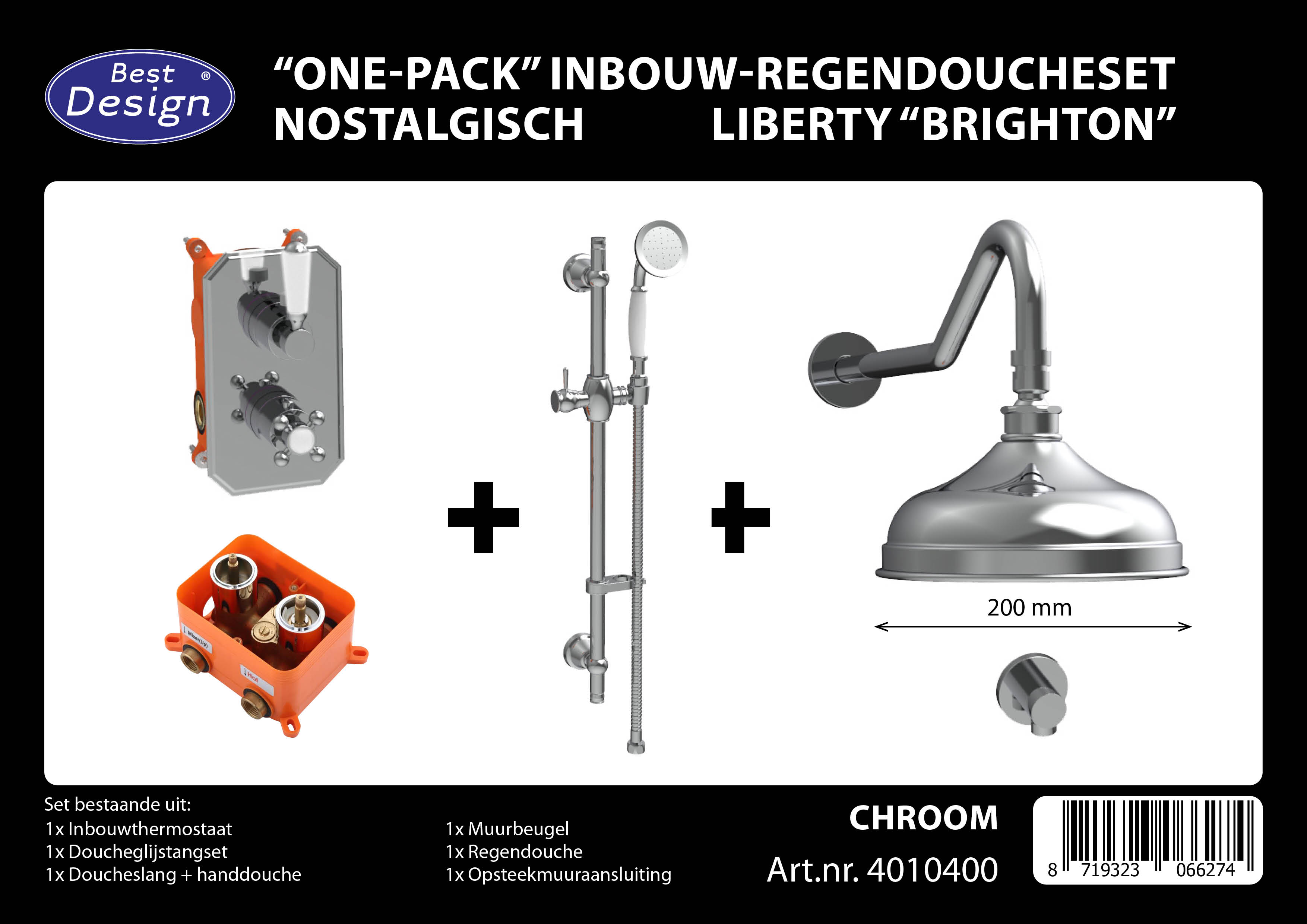 Best-Design "One-Pack" Liberty "Brighton" nostalgische thermostatische inbouw-regendoucheset