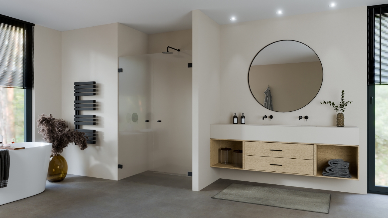 Saloondeur helder glas max 180x200 cm met zwart beslag en ronde knop