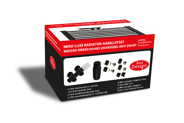 Best-Design Nero-Luxe radiator-aansluitset "Midden onder Haaks" universeel Mat-Zwart (DS-ROOD)