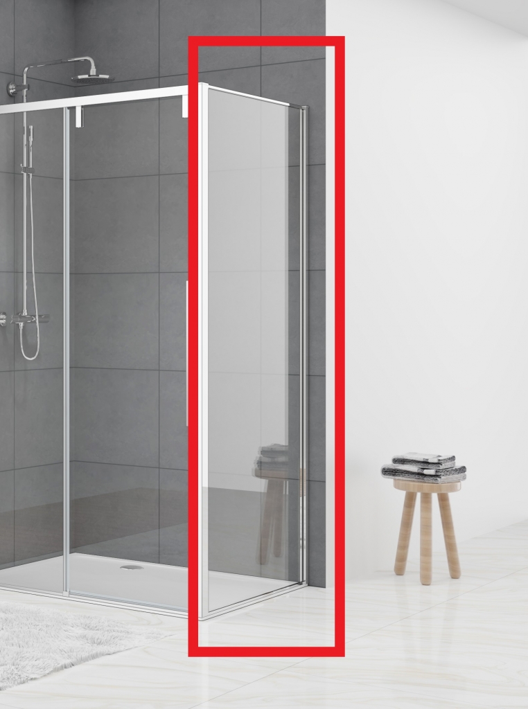Wand voor hoekcabine 980-995 x 2000 helder glas 8 mm incl. glasbehandeling, chroom. Combineren met schuifdeur naar keuze.