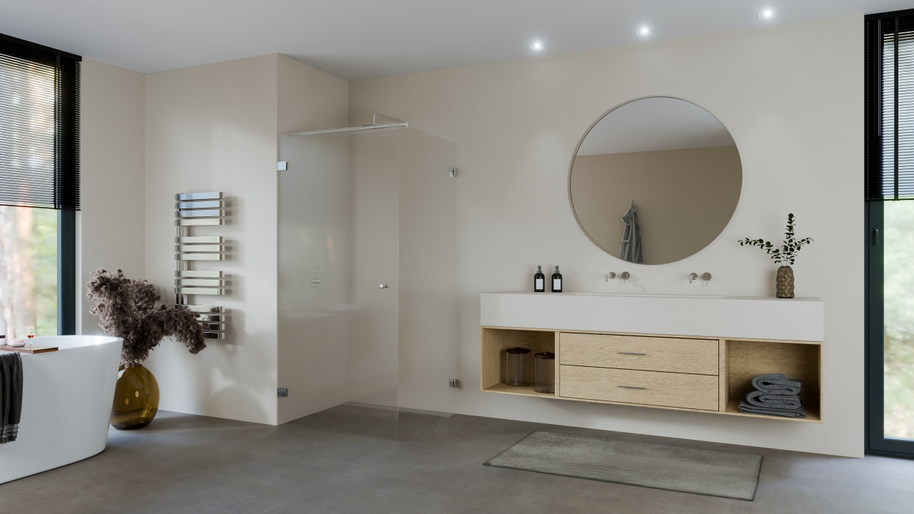Deur en zijwand met stabilisatiestang Grijs Gesatineerd max 100x100x260 cm met mat wit beslag en designgat