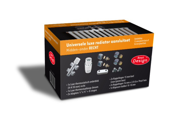 Best-Design Luxe radiator-aansluitset "Midden onder Recht" universeel (DS-ORANJE)