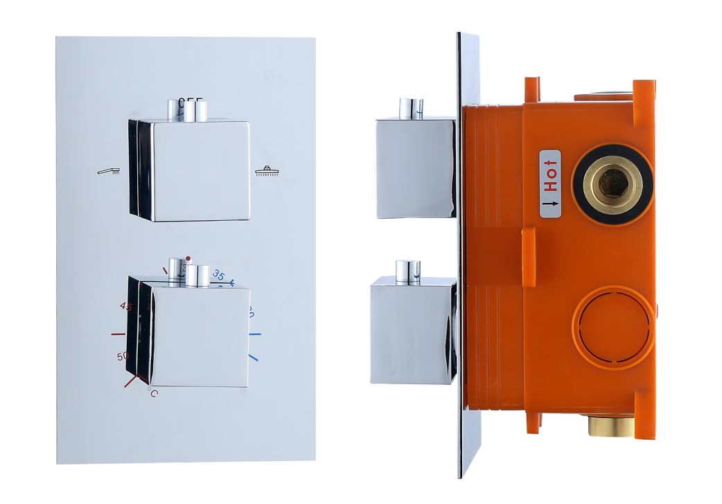 Best-Design "Piazza" inbouwthermostaat & Inb.box 2 weg 1/2" vierkante knoppen