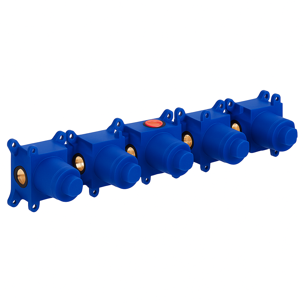 Inbouwbox t.b.v. inbouwthermostaat 5-gats met 2 stopkranen symmetry, wandsteun en baduitloop