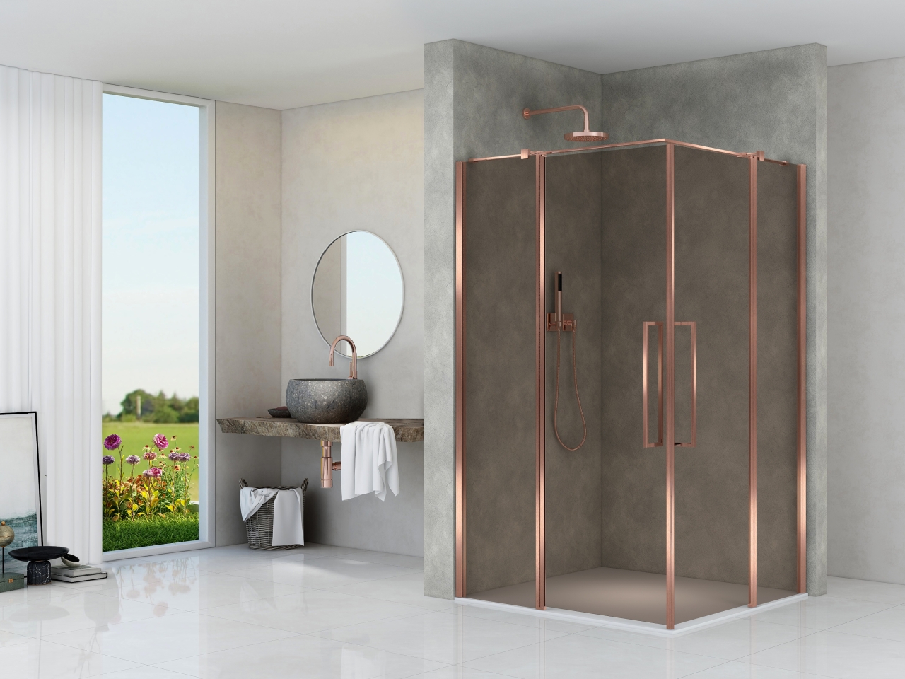 Hoekinstap met vast deel aan muurzijde 2000 mm hoog gesatineerd glas Brushed bronze beslag