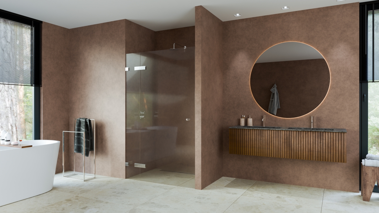Deur aan vast deel Brons gesatineerd glas max 100x200 cm met Inox/rvs look beslag en designgat