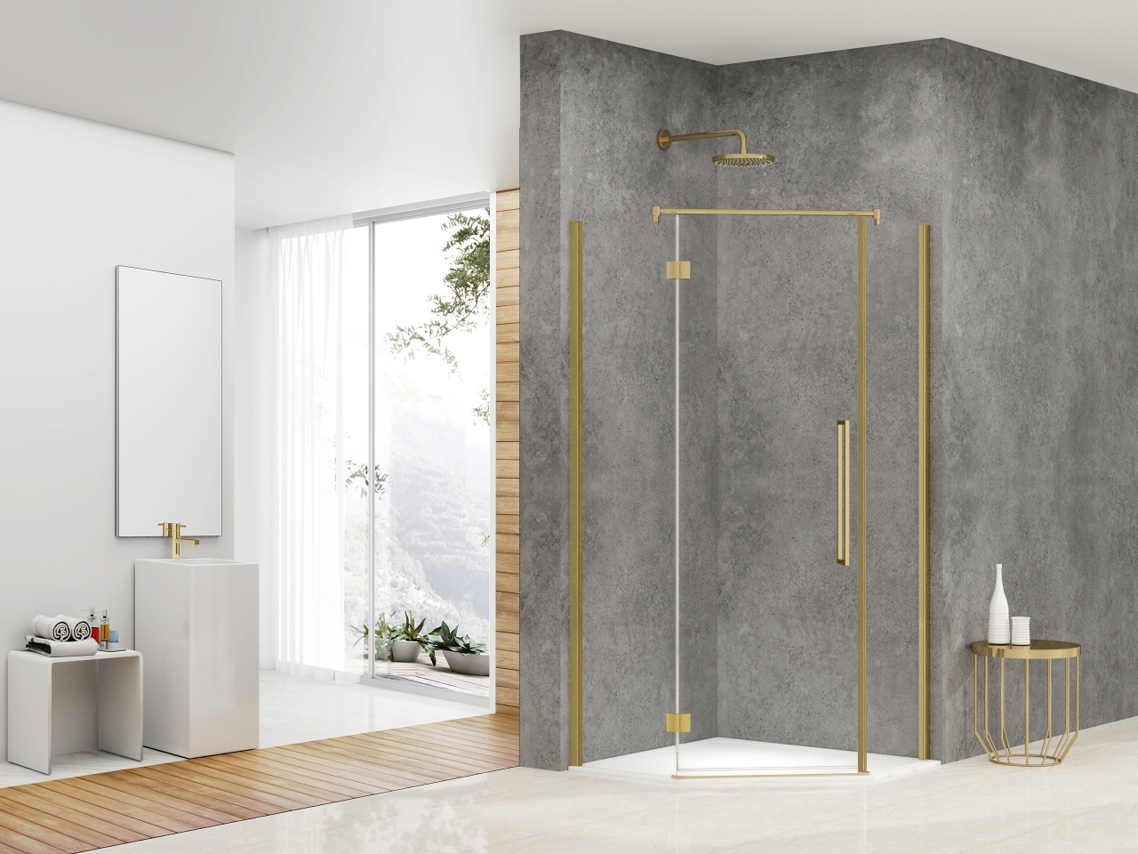 Vijfhoek cabine 1 deur helder glas Brushed bronze beslag