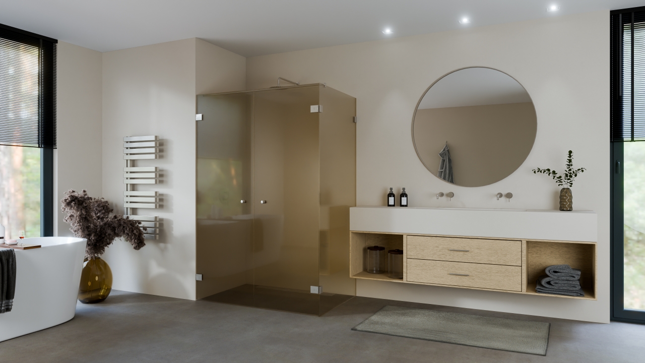 Saloondeur met zijwand en stabilisatiestang rookglas brons max 100x100 cm met Inox/rvs look beslag en designgat