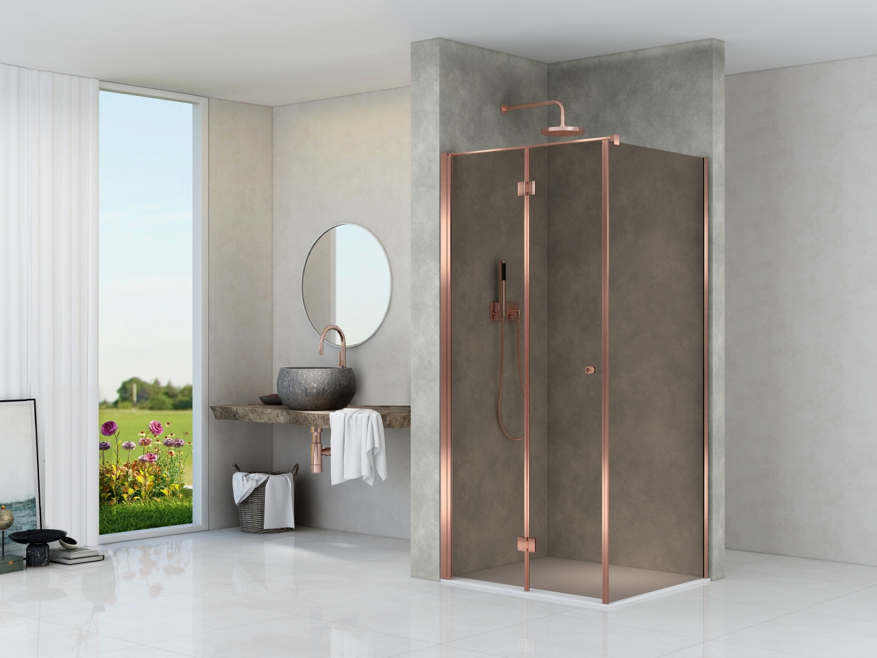 Tweedelige draai vouwdeur 2000 mm hoog rookglas brons Brushed bronze beslag