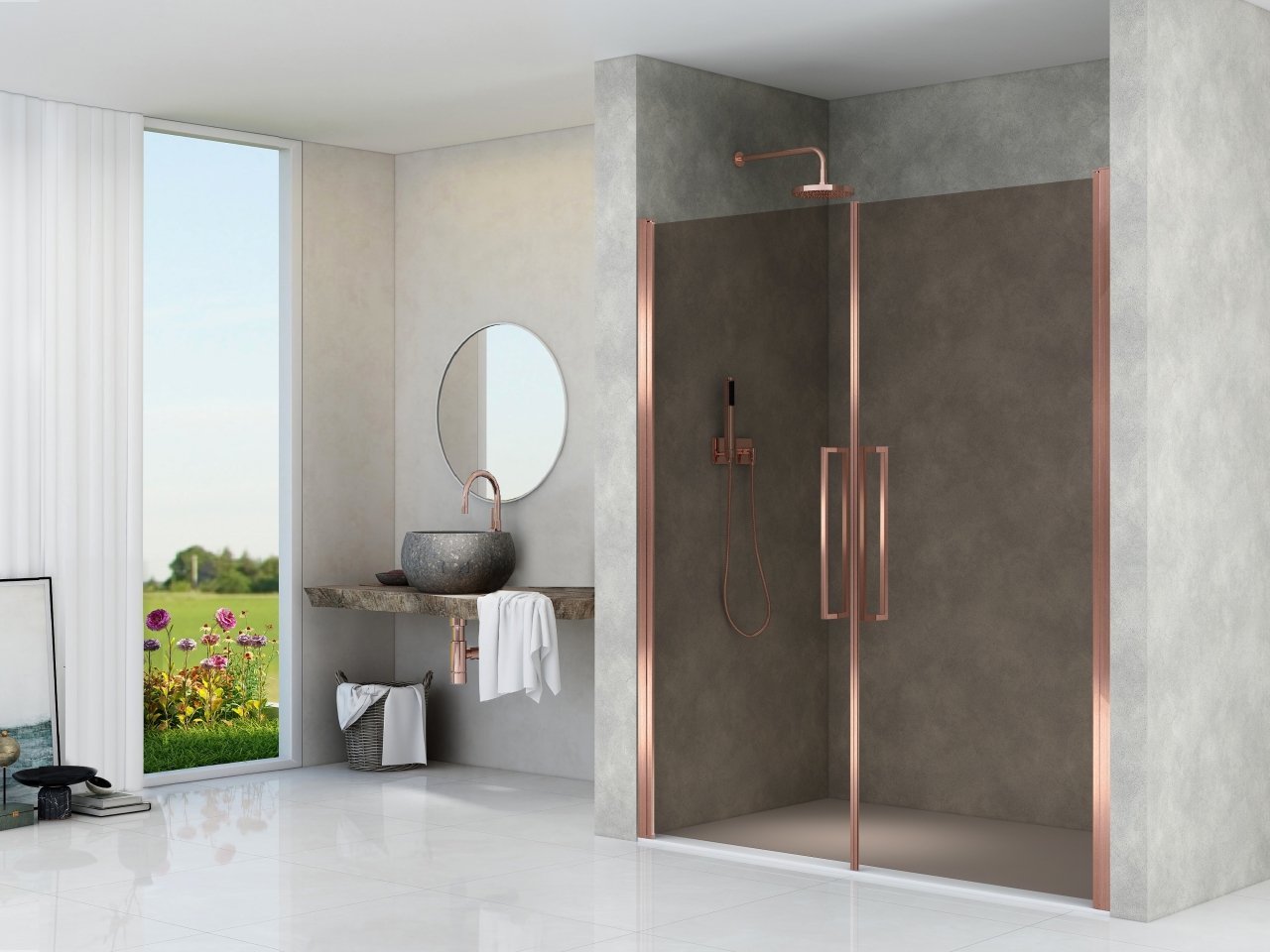 Tweedelige draaideur 2000 mm hoog rookglas brons Brushed bronze beslag