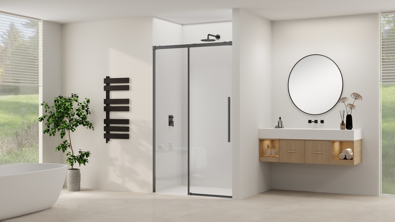 Schuifdeur soft-close rookglas brons max 140x200 cm met Geborsteld brons beslag en greep