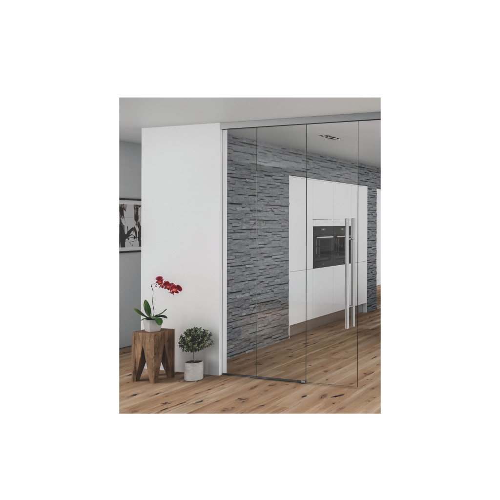 Schuifdeur met plafondmontage met 2 vaste delen en 1 deur glasplus max 3000X2500 mm met Wit beslag