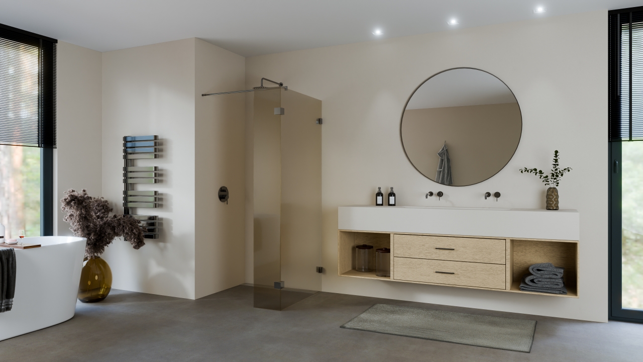 Vrijstaande wand met twee stabilisatiestangen rookglas brons max 150 (enkel glas) met glans gun metal beslag