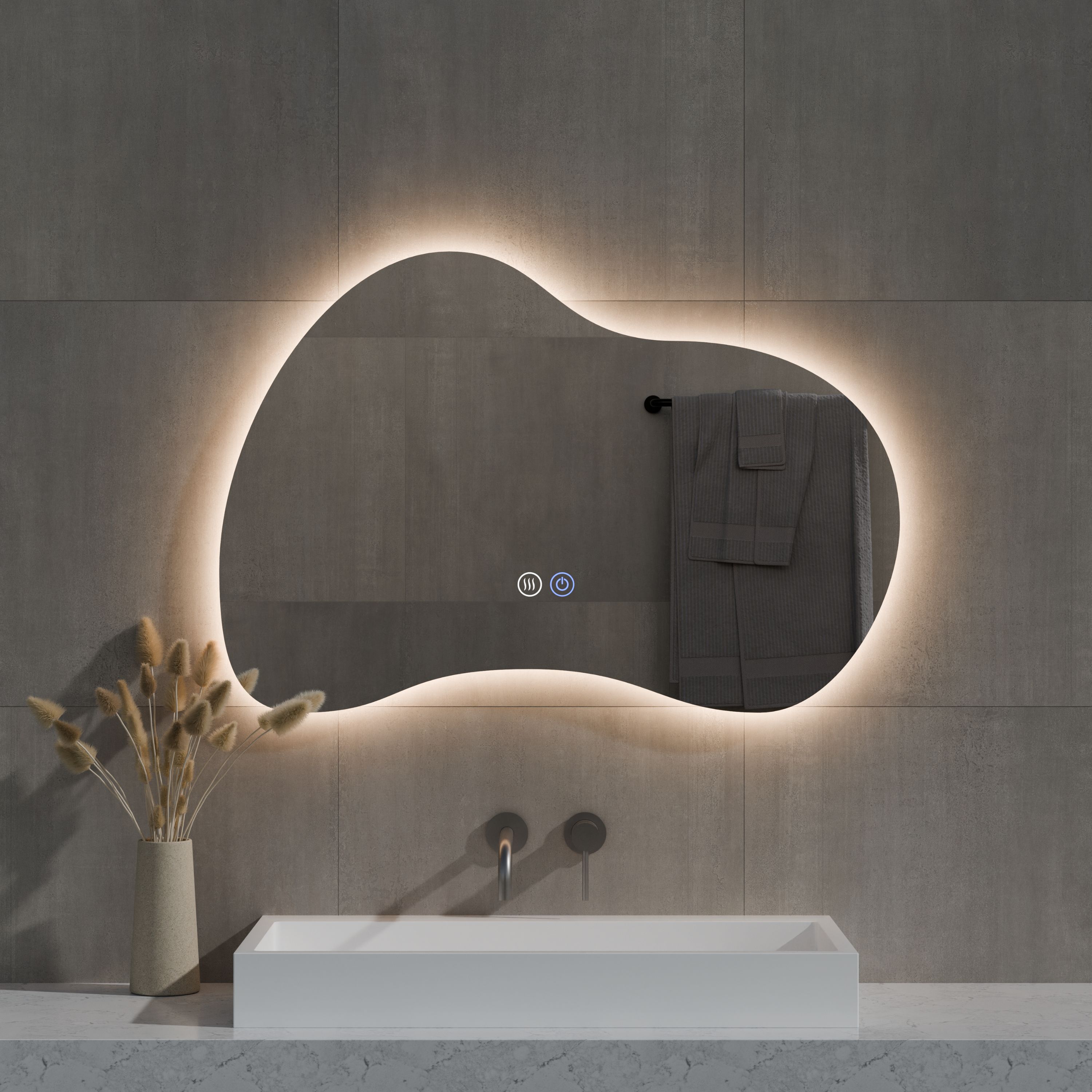 Best-Design "Strange" organische spiegel incl. verwarming, 3 kleuren LED verlichting, dimbaar 100x70 cm