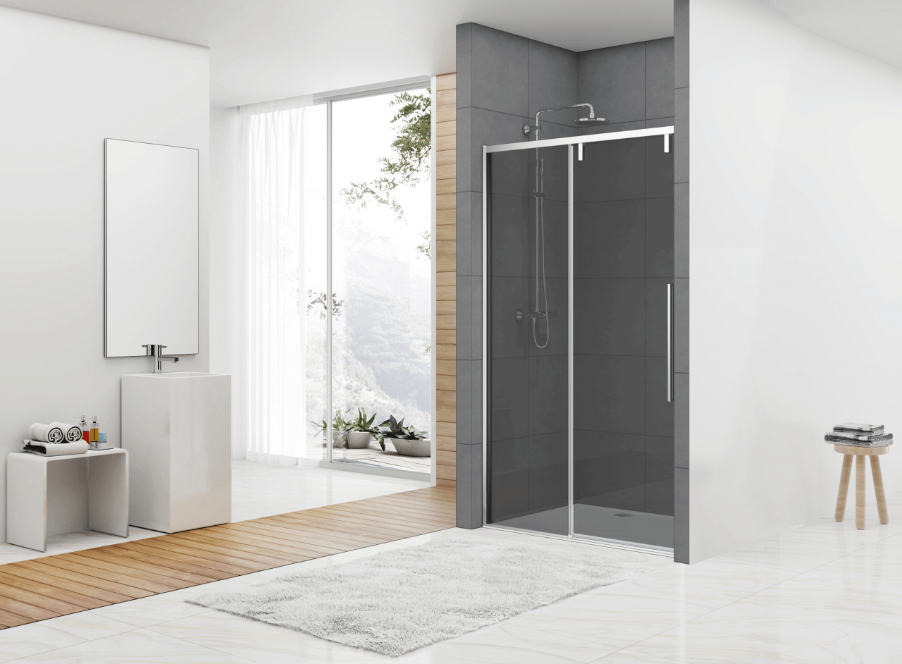 Softclose schuifdeur 1170-1190 x 2000 grijs rookglas 8 mm incl. glasbehandeling, chroom, en greep